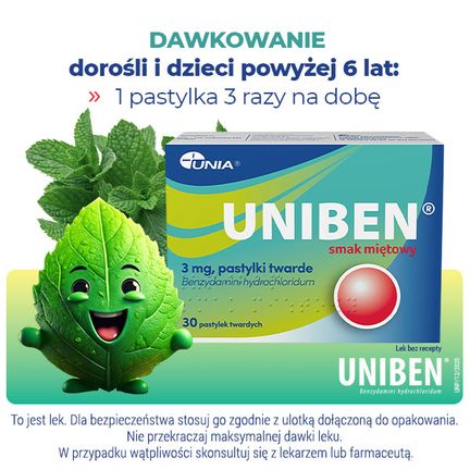 Uniben 3 mg, smak miętowy, 30 pastylek twardych - UNIA