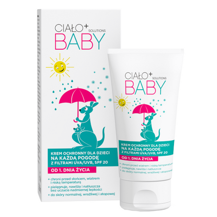 DELIA COSMET.-RZGÓW Ciało+ Baby Solutions, Krem ochronny dla dzieci na każdą pogodę z filtrami UVA/UVB SPF 20, 50 ml
