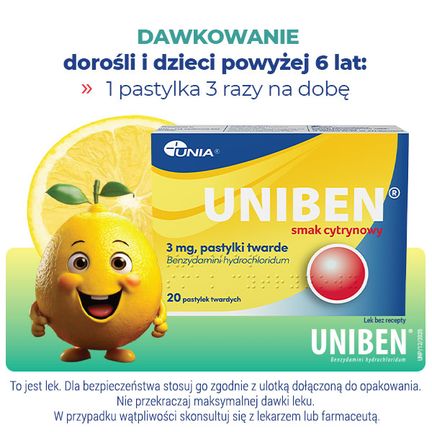 Uniben 3 mg, smak cytrynowy, 20 pastylek twardych - PASTYLKI