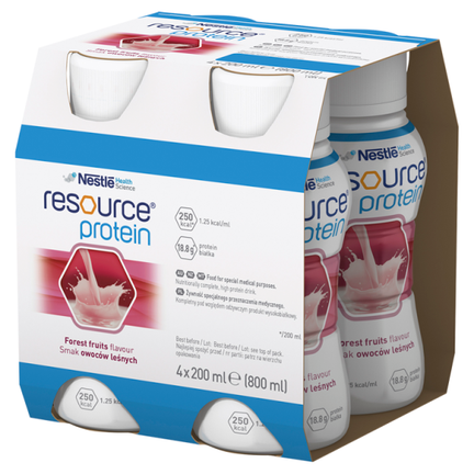 Resource Protein, smak owoce leśne, 4 x 200 ml, preparat odżywczy w płynie - ŻYWNOŚĆ SPECJALNEGO PRZEZNACZENIA MEDYCZNEGO