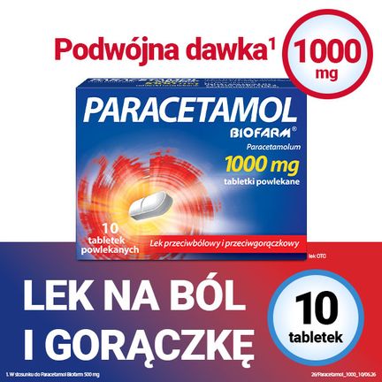 Paracetamol Biofarm 1000 mg, 10 tabletek powlekanych - PRODUKT LECZNICZY NIEREFUNDOWANY OTC