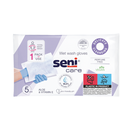 Seni Care, Jednorazowe myjki nasączone  do mycia osoby dorosłej, 5 sztuk - zdjęcie produktu