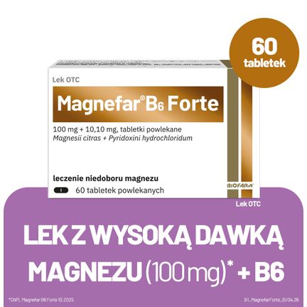 Magnefar B6 Forte, 100 mg + 10,10 mg, 60 tabletek powlekanych - PRODUKT LECZNICZY NIEREFUNDOWANY OTC
