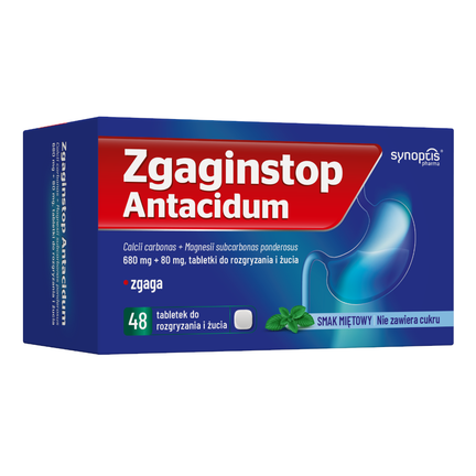 Zgaginstop Antacidum, 680 mg + 80 mg, 48 tabletek do rozgryzania i żucia - zdjęcie produktu