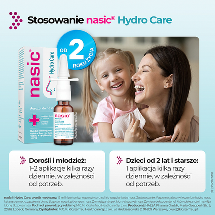 Nasic Hydro Care, aerozol do nosa, 15 ml - Nawilżające, Przeciwobrzękowe, Regenerujące, Udrażniające nos, Wspomagające