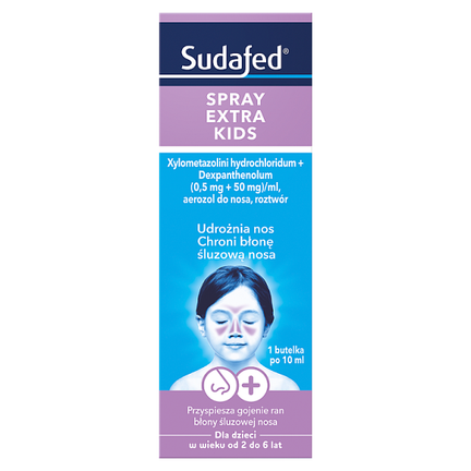 Sudafed Spray Extra Kids, (0,5 mg + 50 mg)/ml, aerozol do nosa, roztwór, 10 ml - zdjęcie produktu