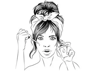 Rysunek przedstawiający kobietę nakladającą na twarz olej z butelki z pipetką 