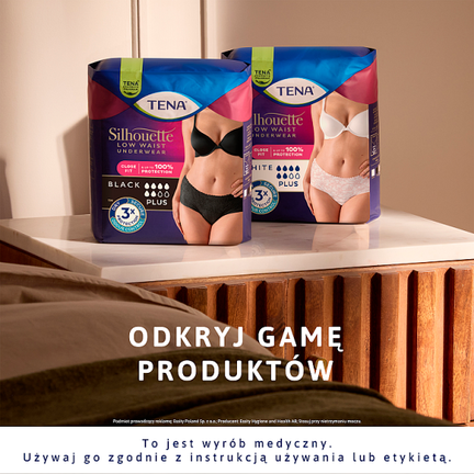 Majtki chłonne TENA Silhouette Black z niskim stanem, rozmiar M, 12 sztuk 