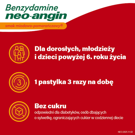 Benzydamine Neo-Angin 3mg, smak miodowo-pomarańczowy, 20 pastylek twardych - Dorosły, Dziecko, Młodzież