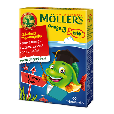 Möller’s Omega-3 Rybki, żelki o smaku malinowym, 36 sztuk