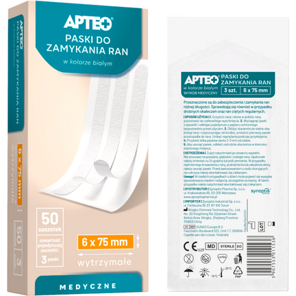 Apteo, paski do zamykania ran, 6 mm x 75 mm, 3 sztuki - zdjęcie produktu