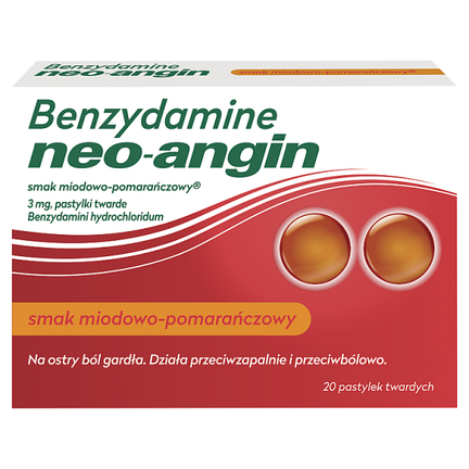 Benzydamine Neo-Angin 3mg, smak miodowo-pomarańczowy, 20 pastylek twardych - zdjęcie produktu