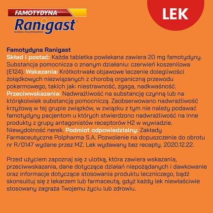 Famotydyna Ranigast 20 mg, 20 tabletek - Niestrawność, Zgaga