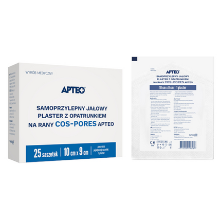 Apteo, Samoprzylepny jałowy plaster z opatrunkiem na rany cos-pores, 10 x 9 cm, 25 sasz. - zdjęcie produktu