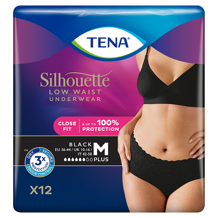 Majtki chłonne TENA Silhouette Black z niskim stanem, rozmiar M, 12 sztuk  - zdjęcie produktu