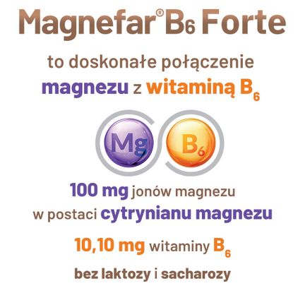 Magnefar B6 Forte, 100 mg + 10,10 mg, 60 tabletek powlekanych - TABLETKI