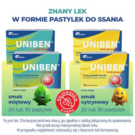 Uniben 3 mg, smak cytrynowy, 20 pastylek twardych - Dorosły, Dziecko, Młodzież