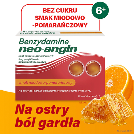 Benzydamine Neo-Angin 3mg, smak miodowo-pomarańczowy, 20 pastylek twardych - 5906750263083