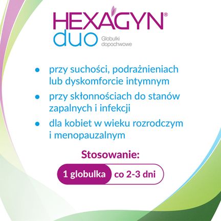 Hexagyn Duo, kwas hialuronowy + kwas mlekowy, 10 globulek dopochwowych - 5907377532002