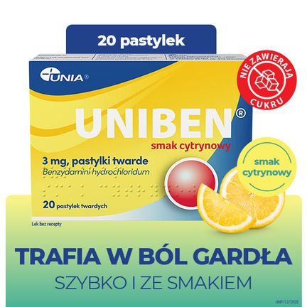 Uniben 3 mg, smak cytrynowy, 20 pastylek twardych - 5908235400211