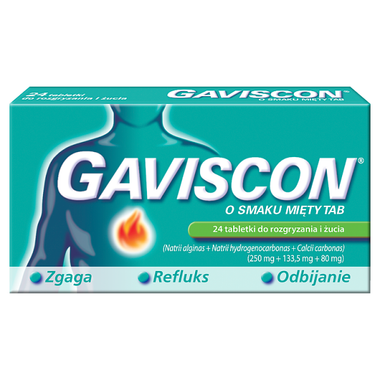 Gaviscon o smaku mięty TAB, na zgagę i refluks, 24 tabletki do rozgryzania i żucia