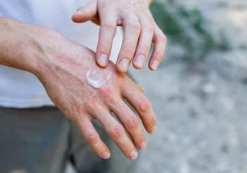 Mężczyzna smaruje sobie dłoń maścią ze sterydami