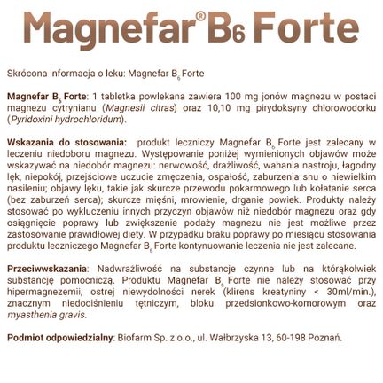 Magnefar B6 Forte, 100 mg + 10,10 mg, 60 tabletek powlekanych - Dorosły, Dziecko, Młodzież