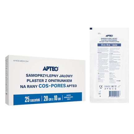 Apteo, Samoprzylepny jałowy plaster z opatrunkiem na rany cos-pores, 20 x 10 cm, 25 sasz.  - zdjęcie produktu