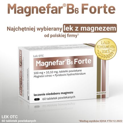 Magnefar B6 Forte, 100 mg + 10,10 mg, 60 tabletek powlekanych - PRODUKT LECZNICZY NIEREFUNDOWANY OTC