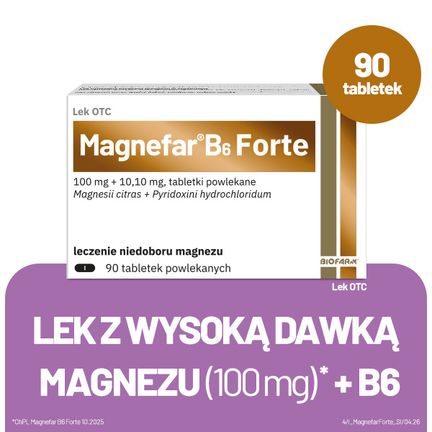Magnefar B6 Forte, 100 mg + 10,10 mg, 90 tabletek powlekanych - PRODUKT LECZNICZY NIEREFUNDOWANY OTC