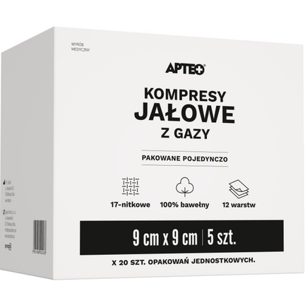 Apteo kompresy jałowe z gazy, 9 cm x 9 cm, 5 sztuk x 20 opakowań - zdjęcie produktu