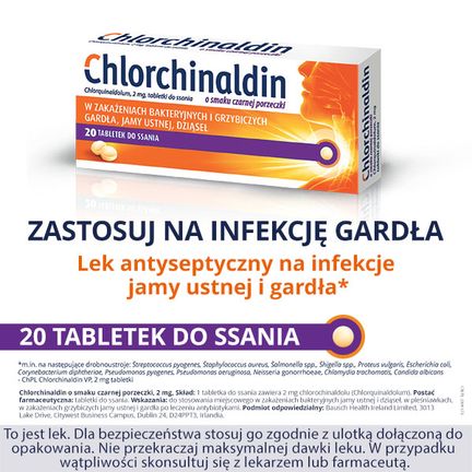 Chlorchinaldin o smaku czarnej porzeczki 2 mg, 20 tabletek do ssania - BAUSCH HEALTH