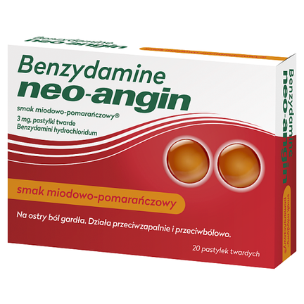 Benzydamine Neo-Angin 3mg, smak miodowo-pomarańczowy, 20 pastylek twardych - PRODUKT LECZNICZY NIEREFUNDOWANY OTC