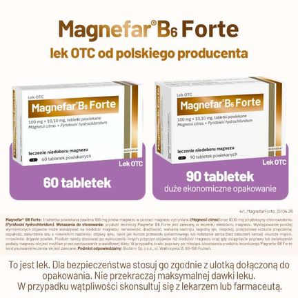Magnefar B6 Forte, 100 mg + 10,10 mg, 90 tabletek powlekanych - Uzupełniające dietę, Wspierające