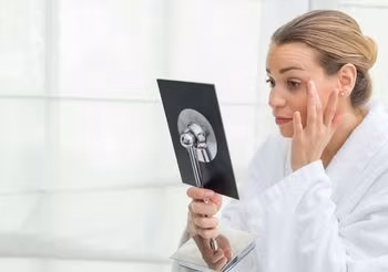 Dziewczyna w szlafroku przegląda się w lusterku