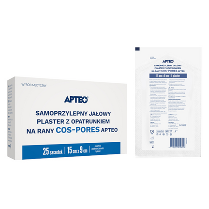 Apteo, Samoprzylepny jałowy plaster z opatrunkiem na rany cos-pores, 15 x 9 cm, 25 sasz. - zdjęcie produktu