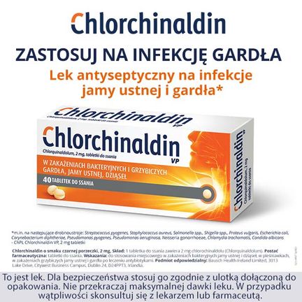 Chlorchinaldin o smaku czarnej porzeczki 2 mg, 40 tabletek do ssania - PRODUKT LECZNICZY NIEREFUNDOWANY OTC