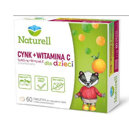 Naturell, Cynk Organiczny + Witamina C dla dzieci, 60 tabletek do żucia  - zdjęcie produktu