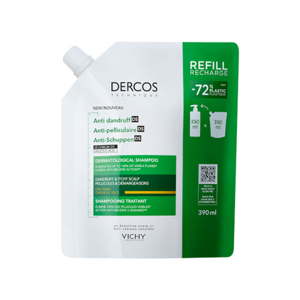 VICHY Vichy Dercos, Szampon przeciwłupieżowy dla włosów suchych, refill, 390 ml