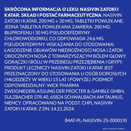 Nasivin Zatoki i Katar, 200 mg + 30 mg, 24 tabletki powlekane - Przeciwgorączkowe, Przeciwzapalne, Udrażniające nos