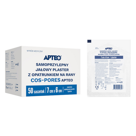 Apteo, Samoprzylepny jałowy plaster z opatrunkiem na rany cos-pores, 7 x 6 cm, 50 sasz. - zdjęcie produktu