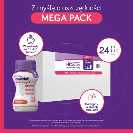 Nutridrink Protein Omega 3, smak truskawkowo-malinowy, 24 x 125 ml - ŻYWNOŚĆ SPECJALNEGO PRZEZNACZENIA MEDYCZNEGO