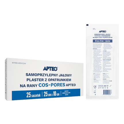Apteo, Samoprzylepny jałowy plaster z opatrunkiem na rany cos-pores, 25 x 10 cm, 25 sasz. - zdjęcie produktu