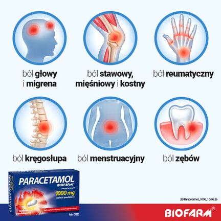 Paracetamol Biofarm 1000 mg, 10 tabletek powlekanych - BIOFARM