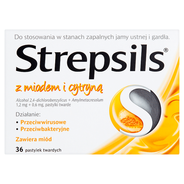 Strepsils z miodem i cytryną, na ból gardła, 36 pastylek do ssania