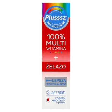 Plusssz 100% Multiwitamina + Żelazo, 20 tabletek musujących - SUPLEMENT DIETY