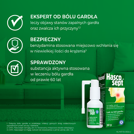 Hascosept, lek na ból gardła, spray, 30 g  - ATOMIZER
