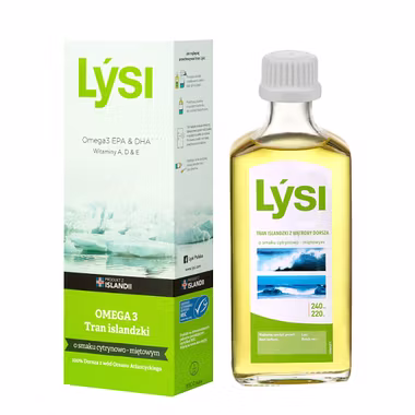 Tran islandzki Lysi o smaku cytrynowo-miętowym, 240 ml
