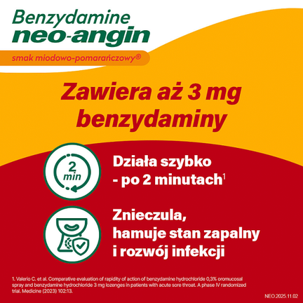 Benzydamine Neo-Angin 3mg, smak miodowo-pomarańczowy, 20 pastylek twardych - KLOSTERFRAU