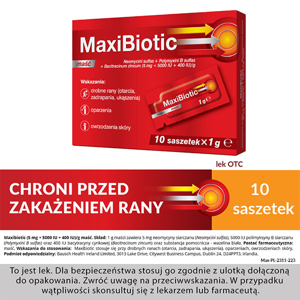 Maxibiotic, maść zawierająca 3 antybiotyki, 10 saszetek x 1 g | Apteline.pl